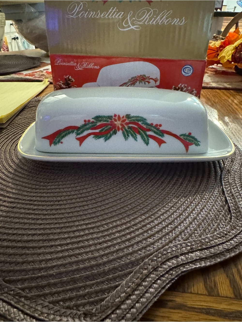 Ceramic Butter Dish - White with Red & Green Holiday Design